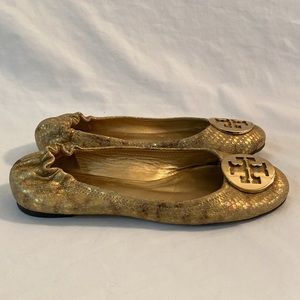 Tory Burch REVA GOLD LEATHER Medallion SNAKESKIN BALEET FLATS Size 8M VGC